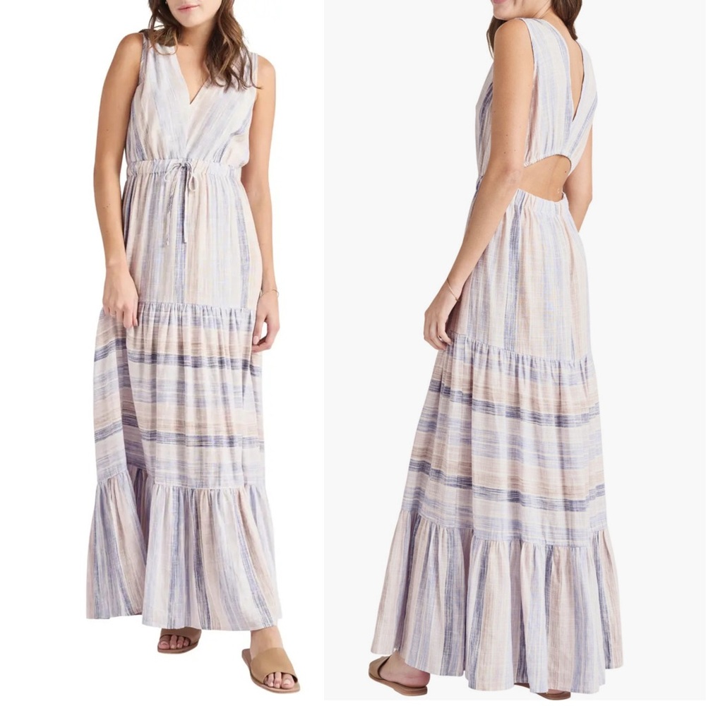 Splendid‎ Jade Stripe Linen Blend Cutout Maxi Dress L NWT Coastal MSRP $198